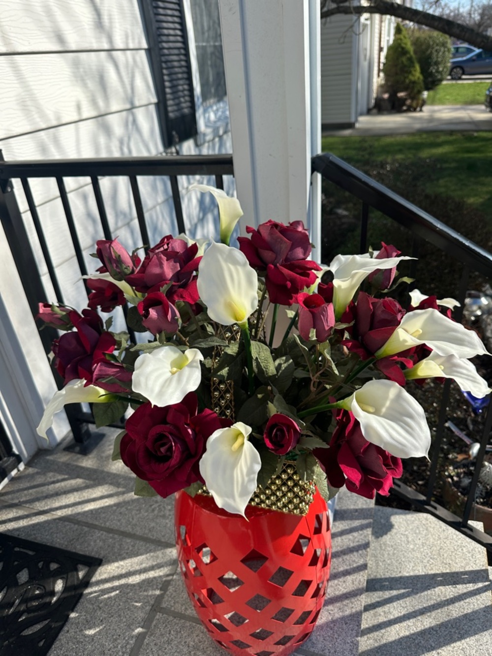 Floral Arrangement in Gold Vase with Burgundy Rose and White Calla Lilly - Brand